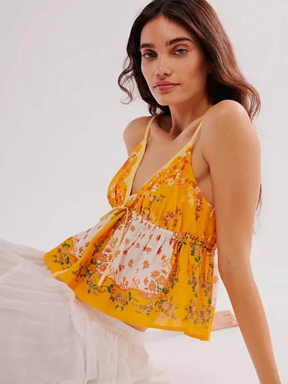 NWT Free People Double Date Floral Golden Yellow Babydoll Cami Tank Top M $78 - Picture 2 of 8